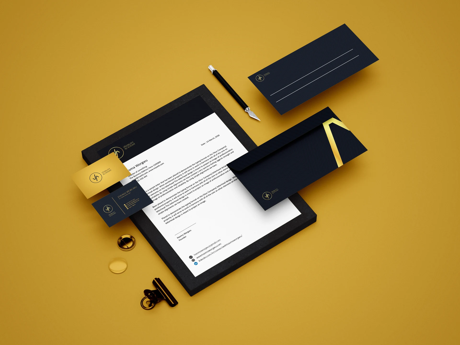Visibility Academy — stationery mockup